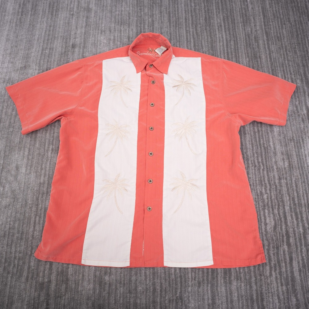 Bamboo Cay Button Up Shirt Mens M Coral Excellent Embroidered Palm Tree Tropical